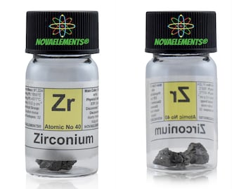 May include: A small glass bottle containing a sample of Zirconium, a silvery-grey metal. The bottle has a black lid with the text "NOVAELEMENTS®" and a green atomic symbol. The label on the bottle includes the atomic number, atomic weight, and other information about the element.