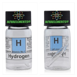 Hydrogen gas rarefied element 1, Periodic Table of the Elements, Hydrogen glass vial ampoule with label 99.9% pure