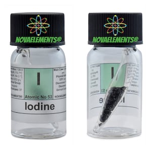 Iodine ampoule element 53, Periodic Table of the Elements, iodine pellets in ampoule 3 grams 99.9% pure in ampoule with label