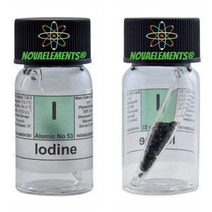 Iodine ampoule element 53, Periodic Table of the Elements, iodine pellets in ampoule 3 grams 99.9% pure in vial with label
