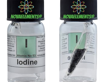 Iodine ampoule element 53, Periodic Table of the Elements, iodine pellets in ampoule 3 grams 99.9% pure in ampoule with label