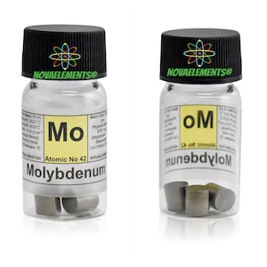 Molybdenum metal element 42, Periodic Table of the Elements, Molybdenum shiny cylinders in vial with label &gt;5 grams 99.9% pure
