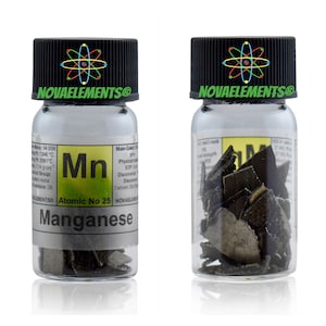 Metallic manganese element 25, Periodic Table of the Elements, Manganese sheets in vial with label 10 grams 99.9% pure