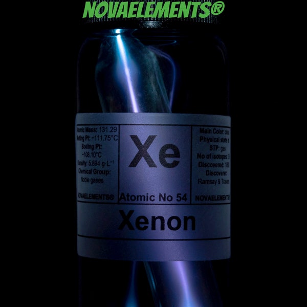 Xenon-verdünntes Gas Element 54, Periodensystem der Elemente, Xenon-Ampulle in Glasfläschchen mit Etikett 99,9 % rein