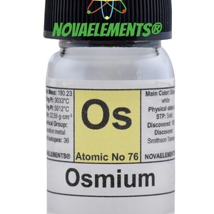 Metallisches Osmium, Element 76, Periodensystem der Elemente, glänzende Osmiumstücke in Fläschchen mit Etikett, 0,1 Gramm, 99,95 % rein