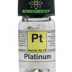 Platinum metal element 78, Periodic Table of the Elements, Lustrous Platinum sheet in vial with label 99.95% pure