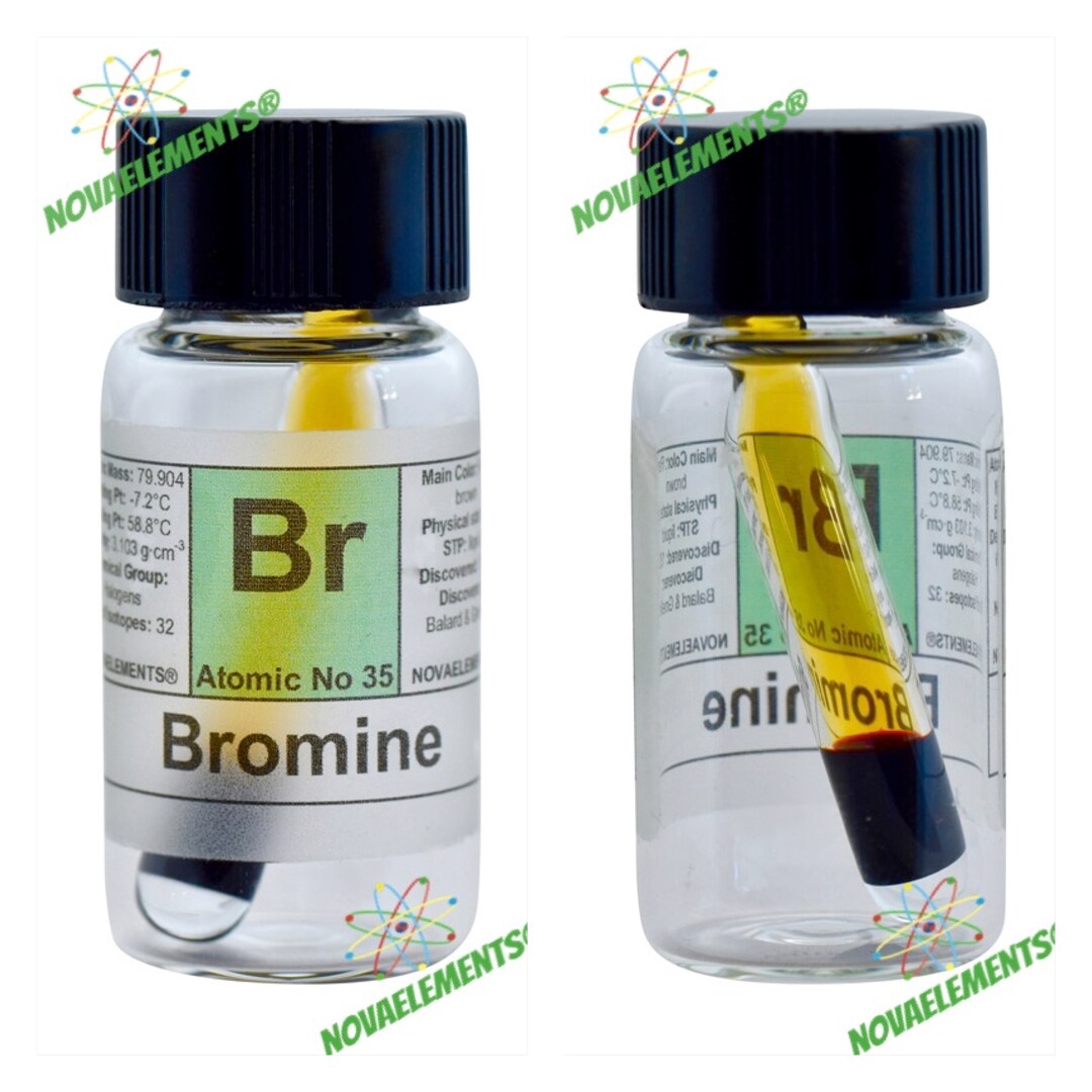 Bromine Mini Ampoule, Elemental Bromine in Glass Vial With Label