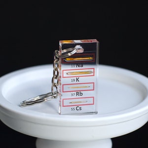 Peut inclure: Un porte-clés en acrylique transparent avec un petit tube transparent contenant un fil fin de couleur or. Le tube est étiqueté avec les numéros atomiques et les symboles du sodium (Na), du potassium (K), du rubidium (Rb) et du césium (Cs).