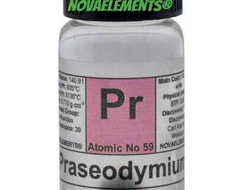 Praseodimio elemento 59, Tavola Periodica degli Elementi, Praseodimio pezzo singolo in fiala con etichetta 1 grammo 99.9%
