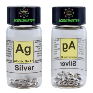 Silver metal element 47, Periodic Table of Elements, Silver metal, Silver pellets 5 grams in vial with label 99.9% pure