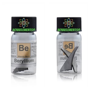 Beryllium metal element 4, Periodic Table of the Elements, Beryllium shiny pieces in vial with label 0.5 grams 99.9% pure