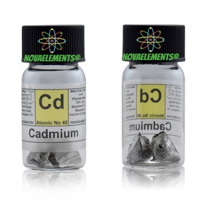 Cadmio metallico elemento 48, Tavola Periodica degli Elementi, Cadmio pezzi lucenti in fiala con etichetta 3 grammi 99.9% puro