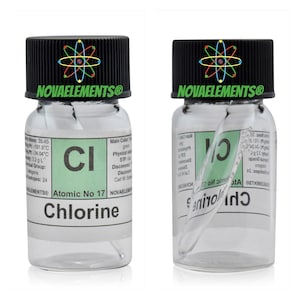 May include: Two clear glass bottles with black lids and labels. The labels have a green background and white text. The text on the labels reads "NOVAELEMENTS®", "Atomic No 17", "Chlorine", and "CI".