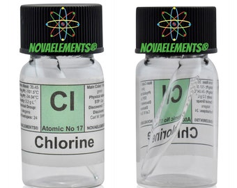 Cloro elemento 17, Tavola Periodica degli Elementi, miscela sicura contenente 30%, cloro ampolla da collezione in fiala con etichetta
