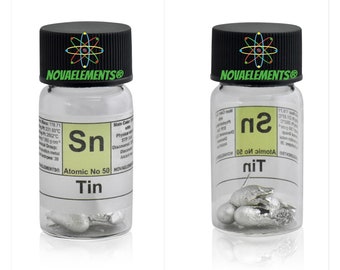 May include: A clear glass jar with a black lid containing a small sample of tin metal. The jar has a white label with the text "Sn Atomic No 50 Tin" and other information about the element.