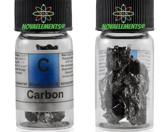 Elemental carbon, Periodic Table of the Elements, Sample carbon, Carbon pieces 4 grams in vial with label 99.9% pure