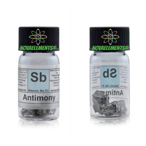 Antimony metal element 51, Periodic Table of Elements, Antimony shiny pieces in vial with label 5 grams 99.9% pure