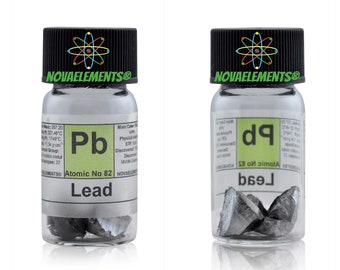 Lead metal element 82, Periodic Table of the Elements, Lead metal, Lead pieces in vial with label 10 grams 99.9%