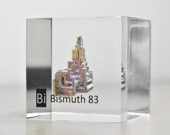 Bismuto cristallo in cubo acrilico da 50mm, Bismuto elemento, lucente, colorato 99.95% puro, cubo acrilico per collezione di elementi