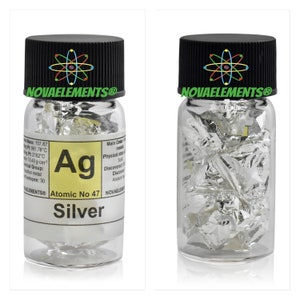 Metallic silver element 47, Periodic Table of the Elements, Silver metal, Silver foil in vial with label 99.9% pure