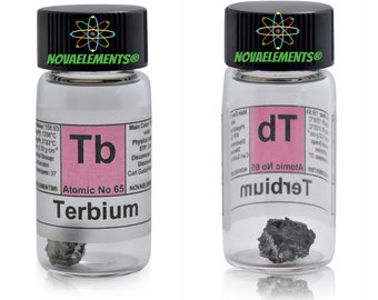 Terbiummetallgrundämne 65, Periodiska systemet, terbiummetall, Terbiumbitar i flaska med etikett 1 gram 99,9%