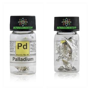 Palladium metal element 44, Periodic Table of the Elements, Palladium shiny sheet in vial with label 99.95% pure