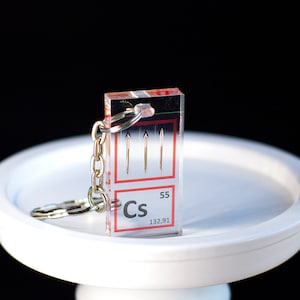 Peut inclure: Un porte-clés en acrylique transparent avec un design inspiré d'un élément du tableau périodique. Le porte-clés affiche le symbole "Cs", le numéro atomique 55 et la masse atomique 132,91. Le design comprend trois lignes verticales. Il est attaché à une chaîne et un porte-clés argentés.