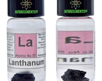 Lantanio metallico elemento 57, Tavola Periodica degli Elementi, Lantanio metallo, Lantanio pezzi in fiala con etichetta 1 grammo 99.9%