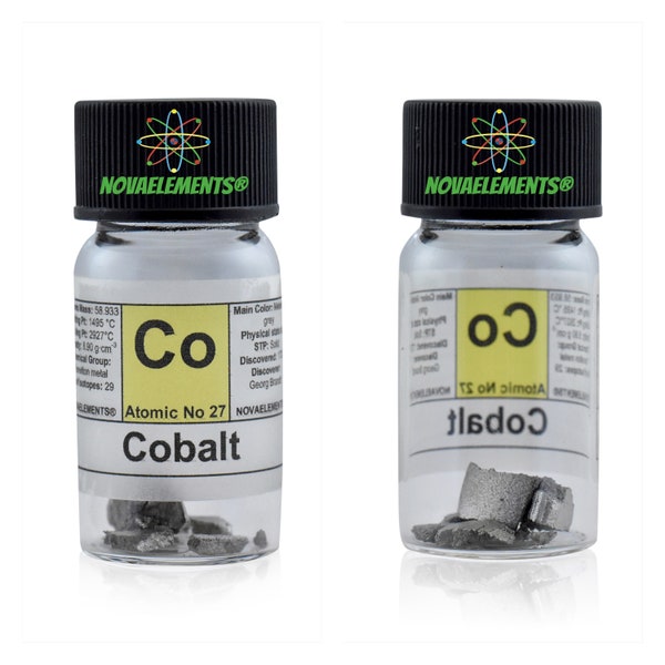 Cobalto metallico elemento 27, Tavola Periodica degli Elementi, Cobalto pezzi, Cobalto in fiala con etichetta 2 grammi 99.9% puro