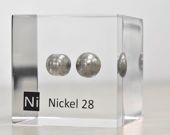 50mm Acrylic Cube Nickel Metal, Element Nickel, Large Shiny Spheres, 99.95% Pure, Acrylic Cube for Element Collection