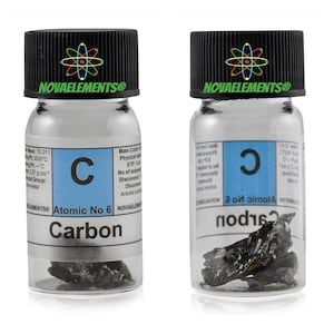 Elemental Carbon, Periodic Table of the Elements, Carbon shiny black pieces in vial with label 1 gram 99.9% pure