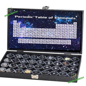 Estuche con 36 elementos de la tabla periódica, conjunto de 36 elementos químicos en un elegante estuche negro con una impresión de la Tabla Periódica