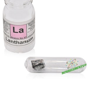 Lanthaan Metaalelement 57, Periodiek Systeem der Elementen, Lanthaan 1 Gram 99,9% Glanzend Verzegeld in Argon, Ampul en Flesje