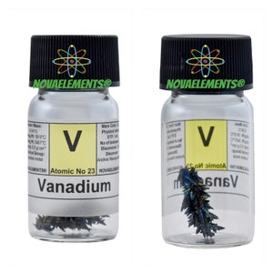 Vanadium metal element 23, Periodic Table of the Elements, Vanadium metal, Vanadium crystals in vial with label 1 gram 99.9%