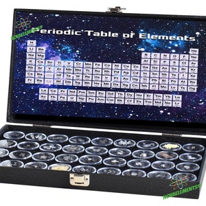 Estuche con 24 elementos de la tabla periódica, conjunto de 24 elementos químicos en un elegante estuche negro con una impresión de la Tabla Periódica