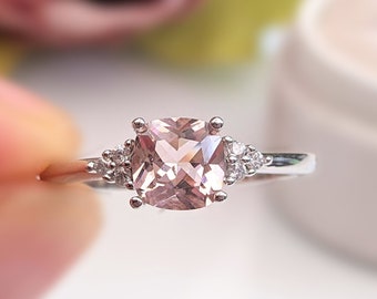 Cushion Cut Morganite Ring, Sterling Silver Created Morganite Ring, Pink Gemstone Ring, Engagement Ring, Anniversary Ring, Gift for Her K15