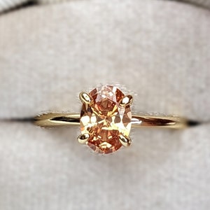 Oval Champagne Morganite Ring, Peach Morganite Solitaire Ring, 14K Gold Plated Sterling Silver Engagement Ring, Anniversary Ring P6