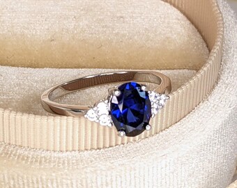 Oval Sapphire Ring, Sterling Silver Created Sapphire Ring, Blue Gemstone Ring, Vintage Art Deco Round Cut Engagement Ring, Gift for Her K02