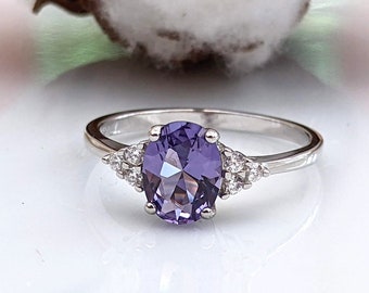 Oval Tanzanite Ring, Sterling Silver Created Tanzanite Ring, Purple Gemstone Ring, Retro Art Deco Oval Cut Engagement Ring, Gift for Her K7