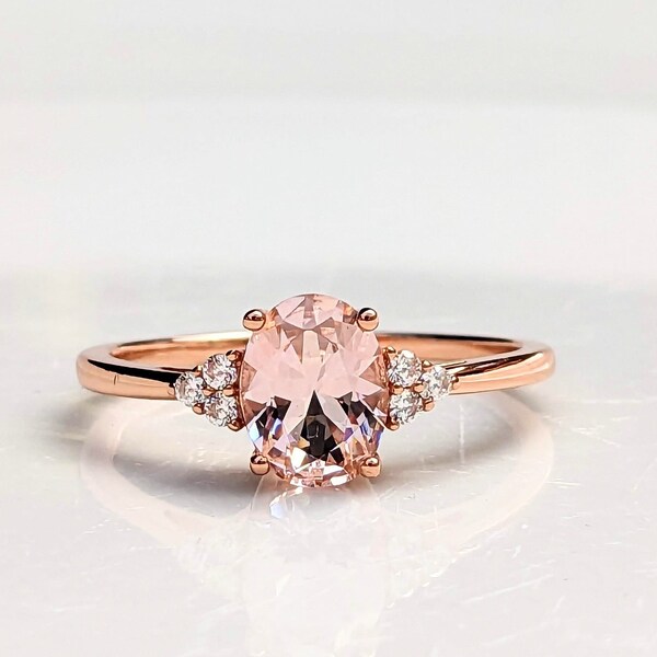 Bague morganite ovale, bague morganite créée en or rose, bague avec pierres précieuses roses, bague solitaire Art déco vintage, bague de fiançailles, bague de promesse P3