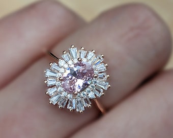 Oval Morganite Ring, Art Deco Ring in Rose Gold, Vintage Double Halo Ring, Pink Baguette Engagement Ring, Promise Ring, Gift for Her D1