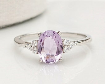 Natural Lavender Amethyst Ring, Sterling Silver Oval Cut Amethyst Solitaire Ring, Rose Gold Engagement Ring, Anniversary Gift, Promise Ring