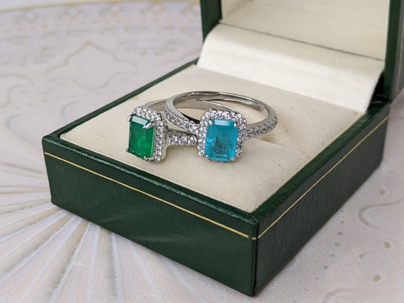 Vintage Emerald Halo Ring, Emerald Cut Green Gemstone Ring, Square