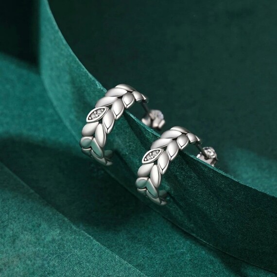 Silver leaf hoop earrings deals