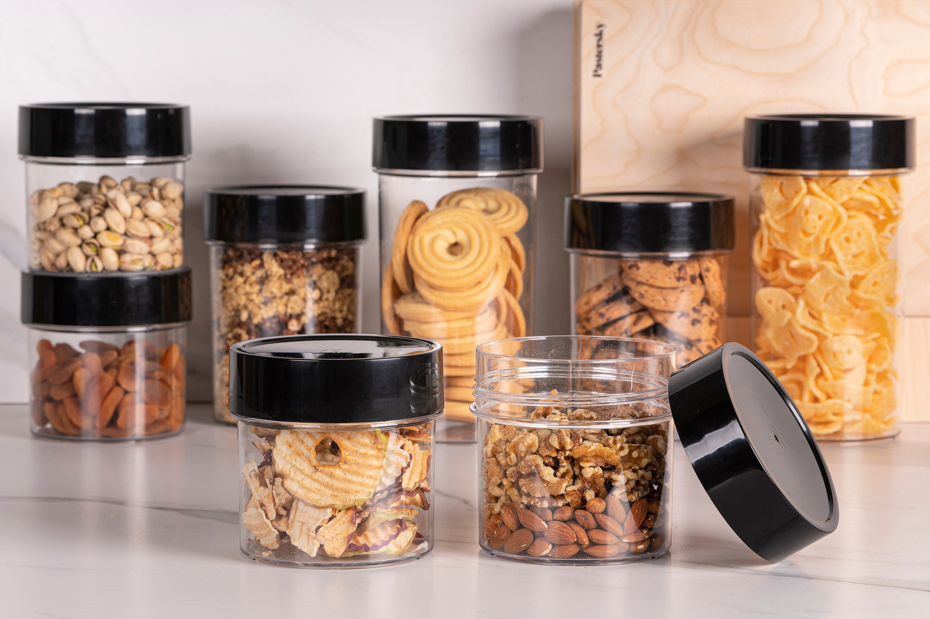 Set of 6 ornate 12oz Tapered Kitchen Pantry Storage Glass Jars With  Airtight Bamboo Seal Lids 