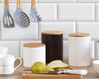 3x ceramiczny pojemnik na żywność z bambusową pokrywką, pojemnik kuchenny, porcelanowy pojemnik na zioła