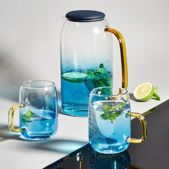 Glass Pitcher with Lid,Lemonade Pitcher,Tea Pitcher,Borosilicate Glass Carafe,for Hot and Cold Water, Drinks, Wine, Tea, Blue