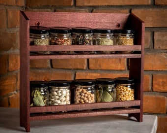 Wooden Shelf  Spice Rack + 5x 120ml Spice Jar + 5x 150ml Spices Jar, Kitchen Organization Idea