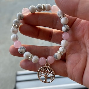 Rose Quartz and Howlite Bracelet with Tree of Life charm.