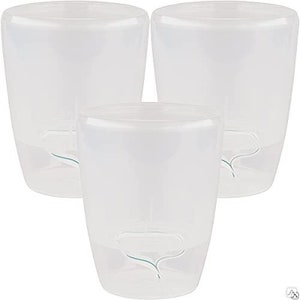 May include: Three clear plastic self-watering planters. Each planter has a small opening at the bottom for water to drain.